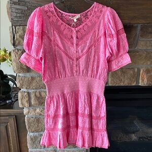LoveShackFancy Jaislyn Cherry pink crochet-trimmed polka-dot mini NWT
